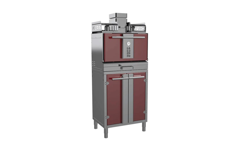 Печь угольная Kopa 301 SОS, Red&Silver с тепловым стеллажом, на подставке